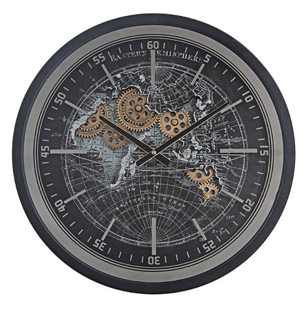 Black Map Cog Clock 46cm