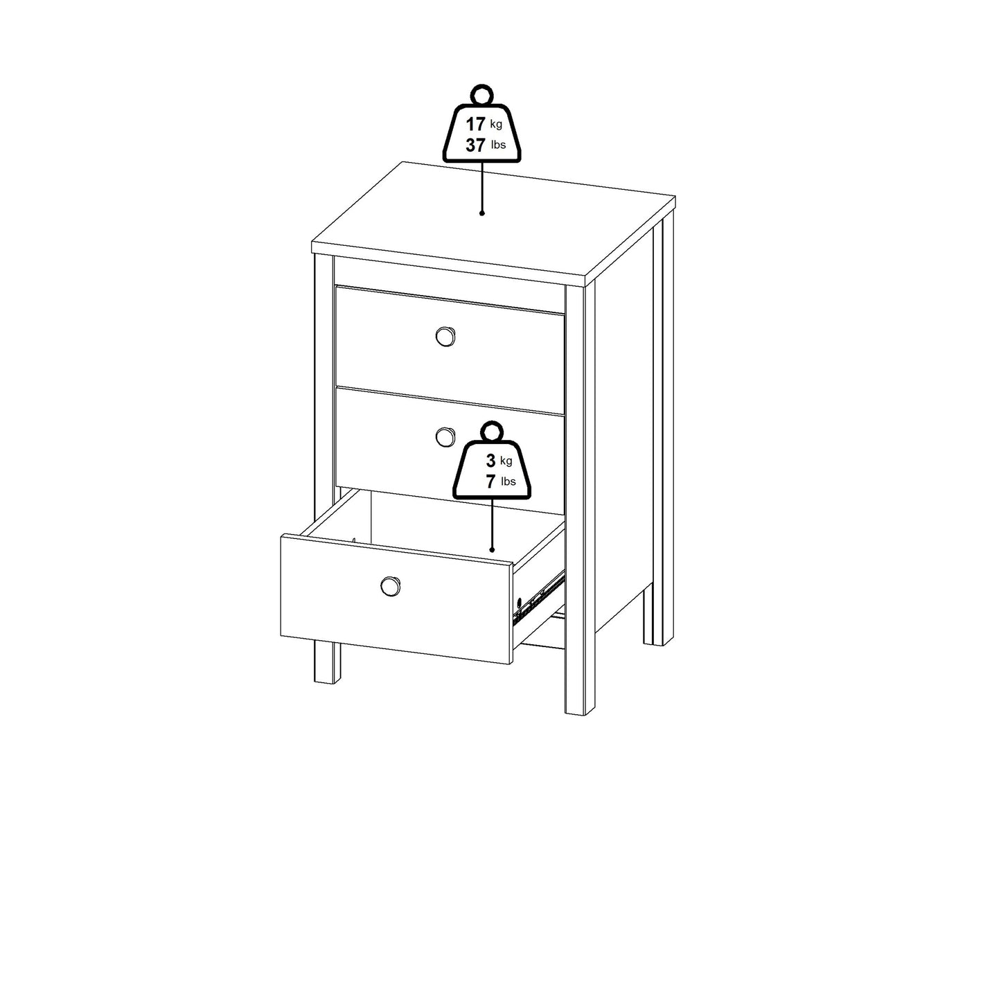 Madrid Bedside Table 3 Drawers in Cashmere