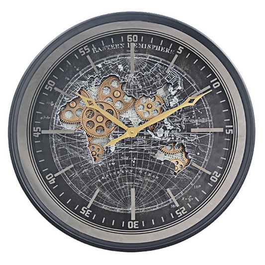 Black Map Cog Clock 60cm