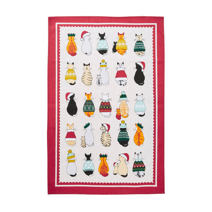 Christmas Cats in Waiting Cotton Tea Towel