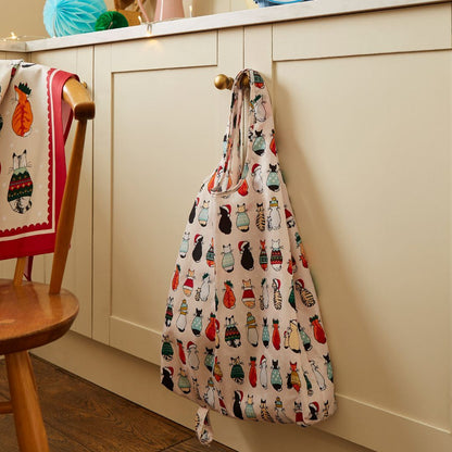 Christmas Cats in Waiting Foldable Tote Bag Medium in Red/Cream