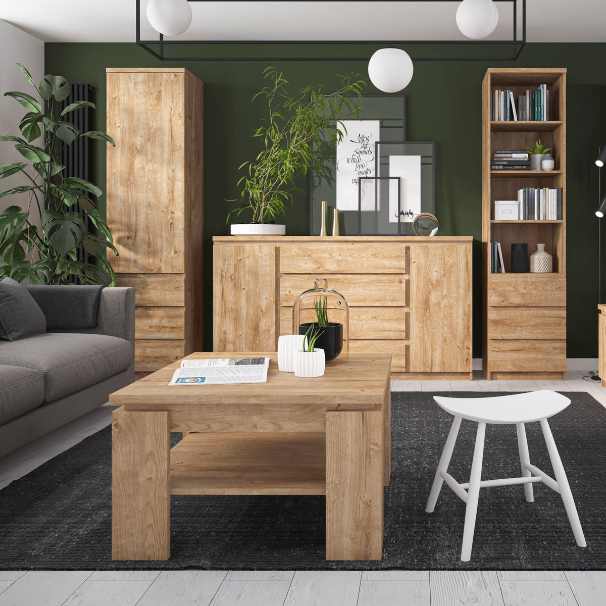 Fribo Tall Bookcase with 3 Drawers in Oak