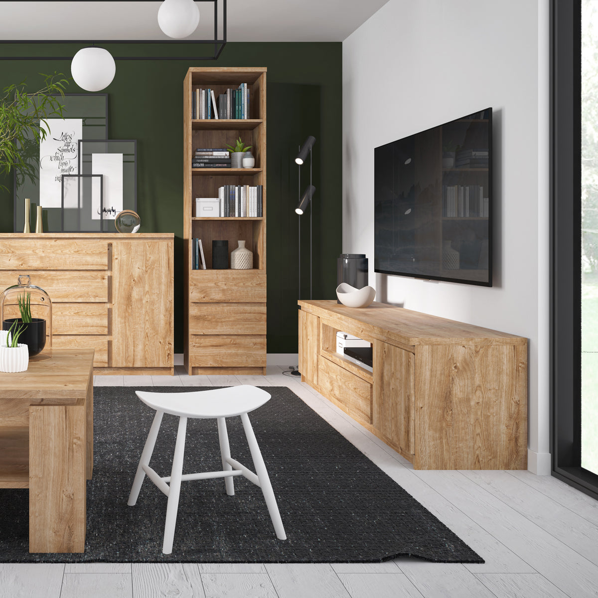 Fribo Tall Bookcase with 3 Drawers in Oak