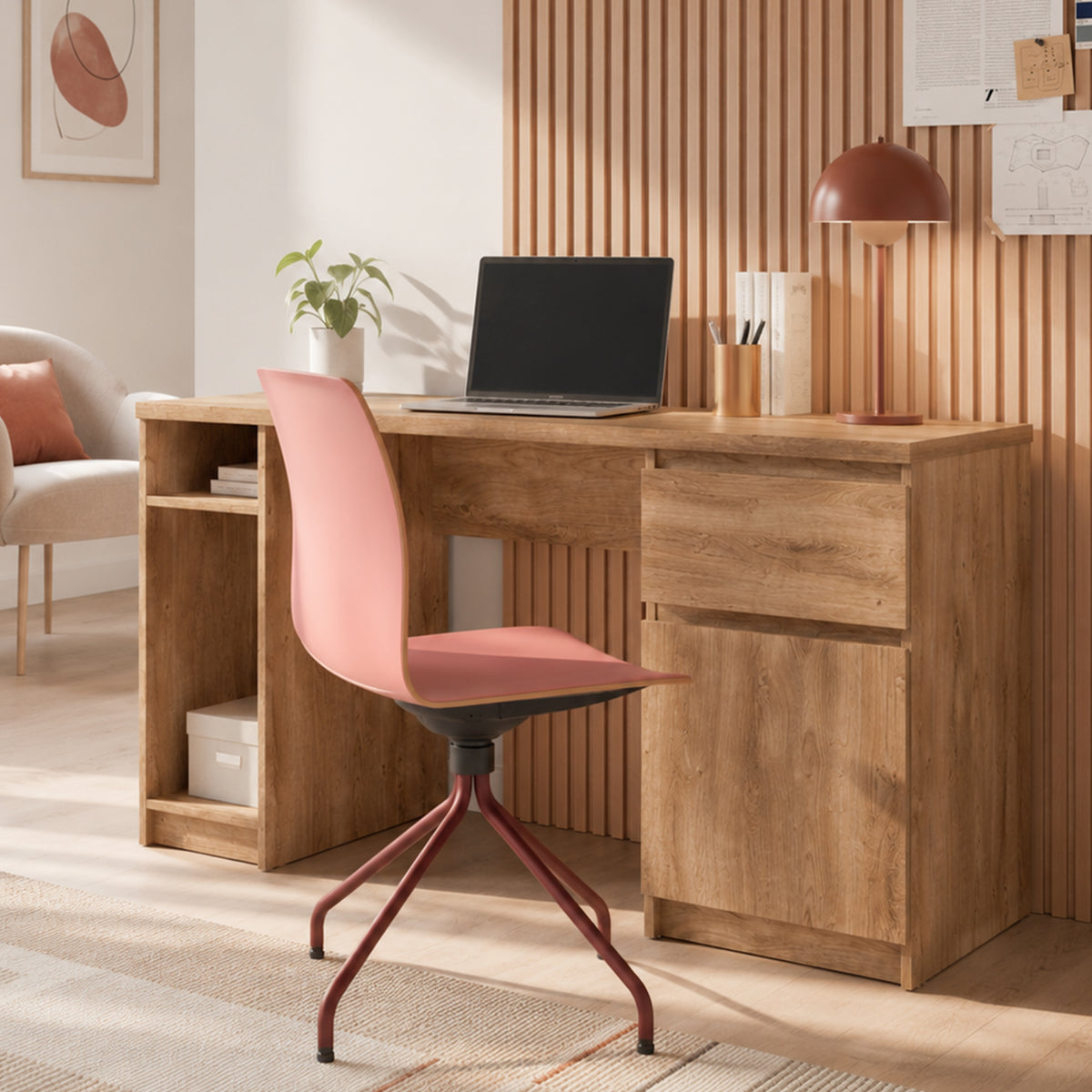 Fribo Twin Pedestal Desk with Drawer and Cupboard in Oak