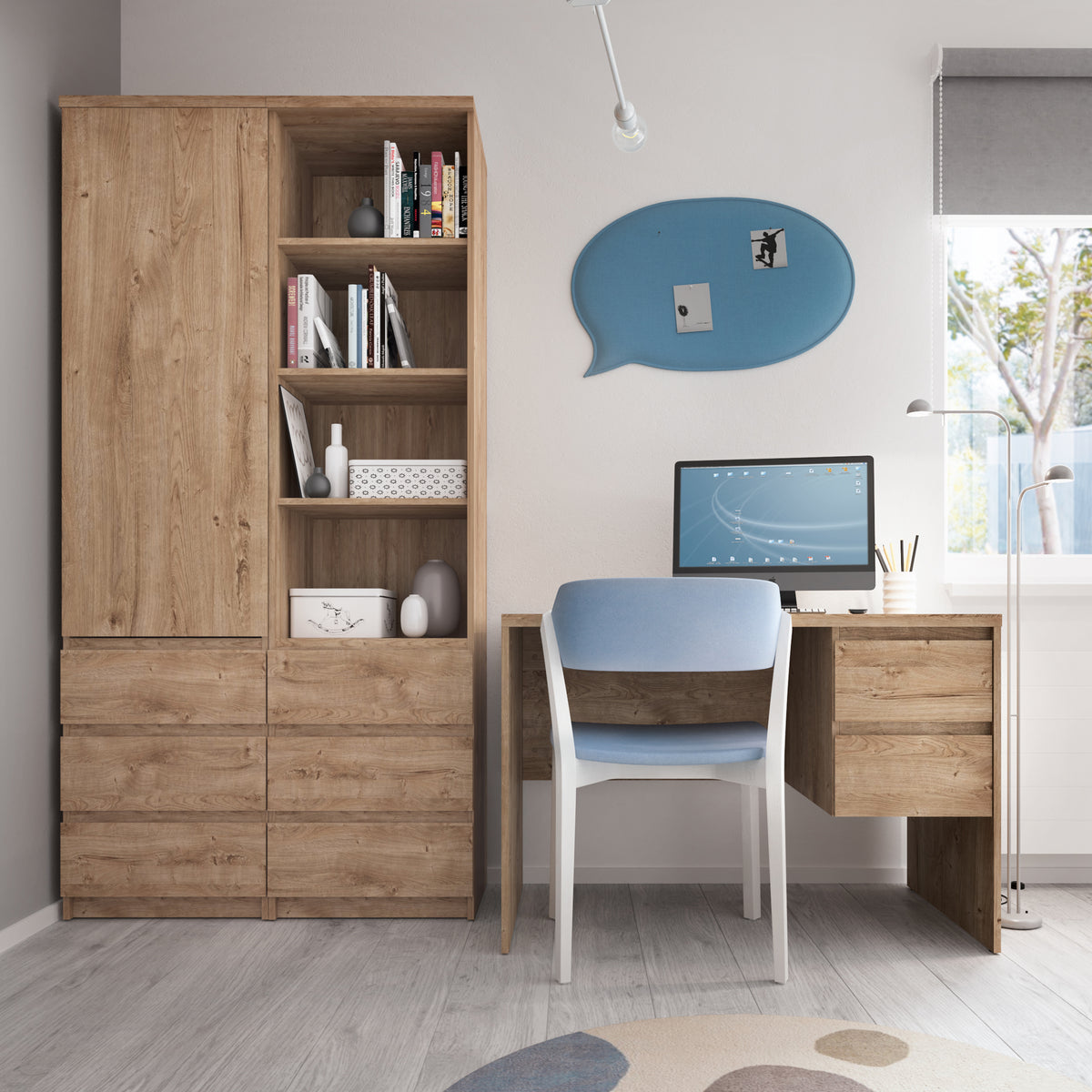 Fribo Twin Pedestal Desk with Drawer and Cupboard in Oak