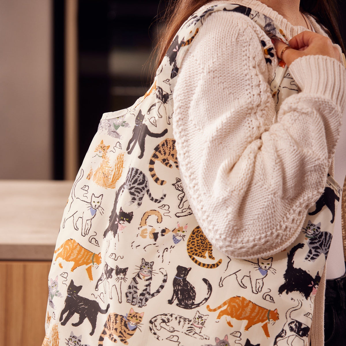 Feline Friends Foldable Tote Bag Medium in Grey
