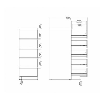 Naia Narrow Chest of 5 Drawers in Jackson Hickory Oak