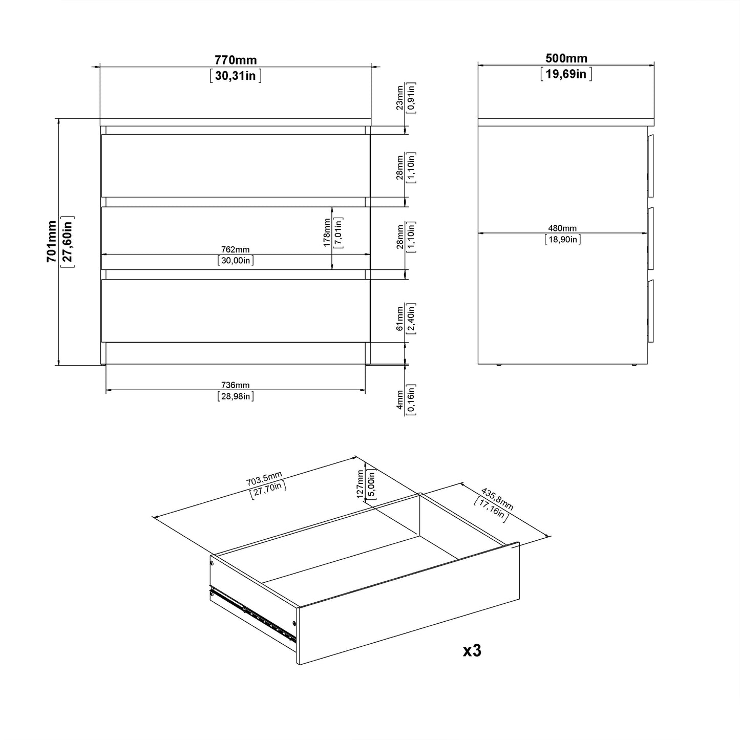 Naia Chest of 3 Drawers in White High Gloss