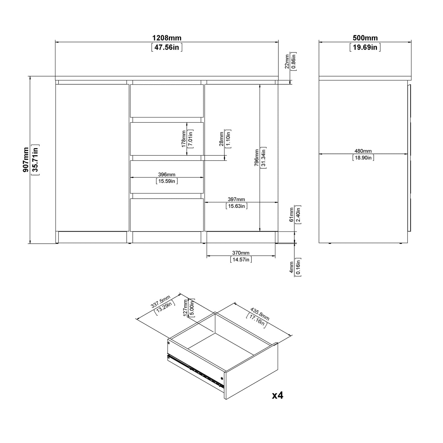 Naia Sideboard 4 Drawers 2 Doors in Concrete and White High Gloss