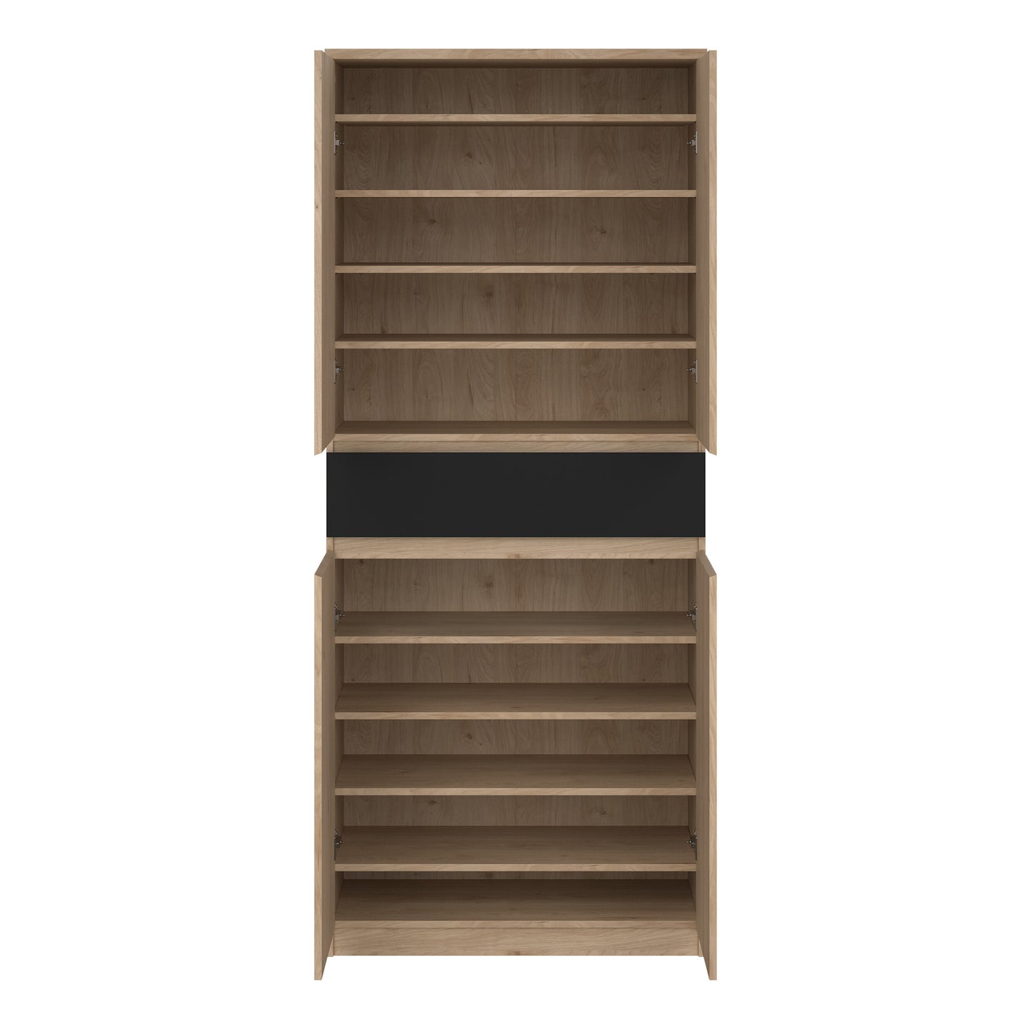 Naia Shoe Cabinet with 4 Doors 1 Drawer in Jackson Hickory Oak and Black
