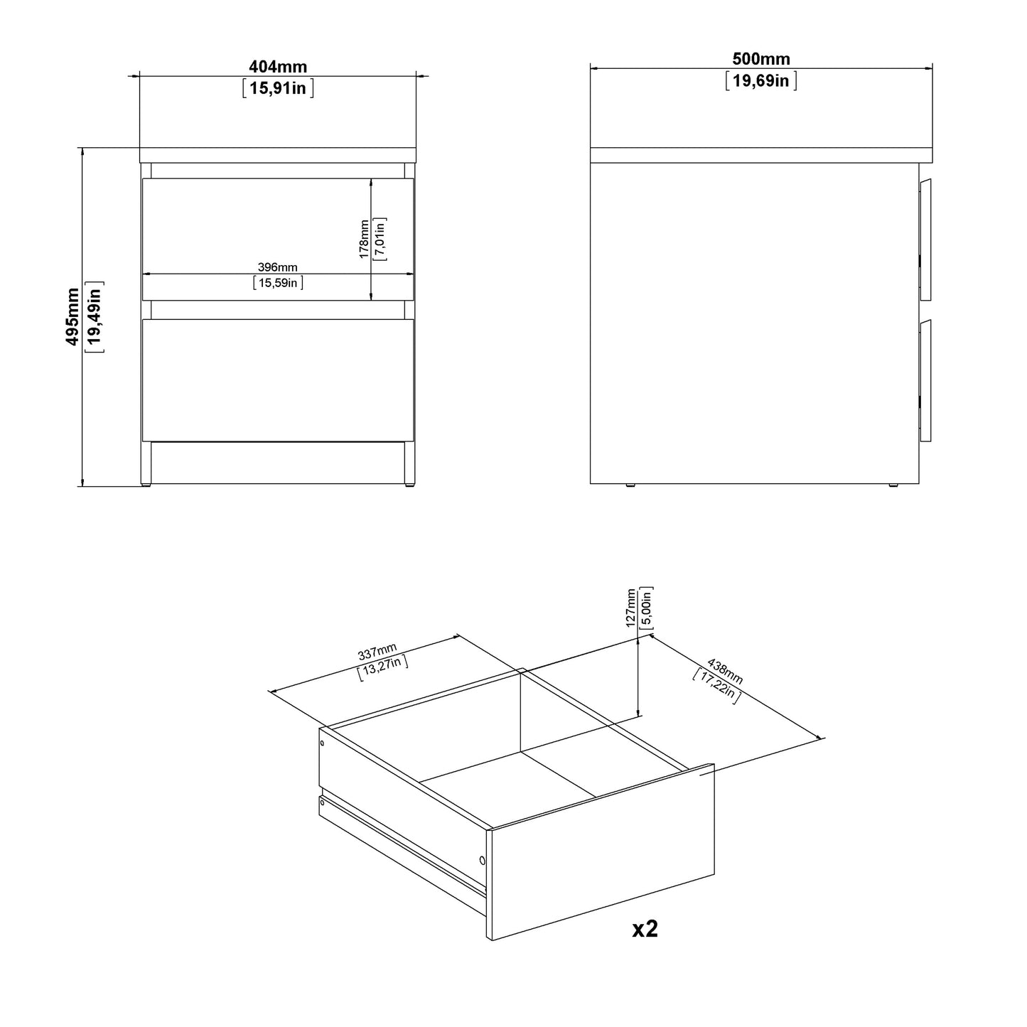Naia Bedside 2 drawers in Matt Black