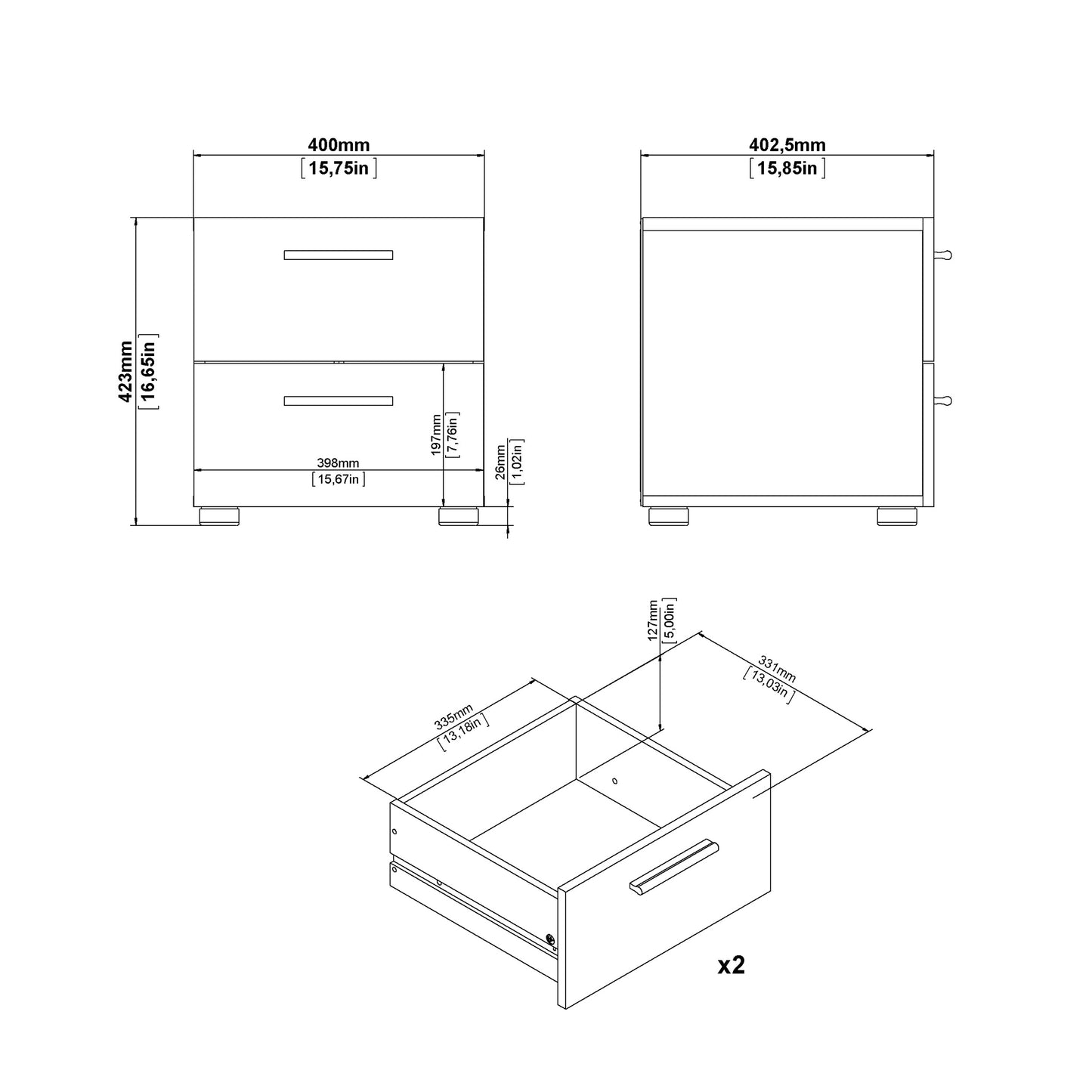 Pepe Bedside 2 Drawers in Black