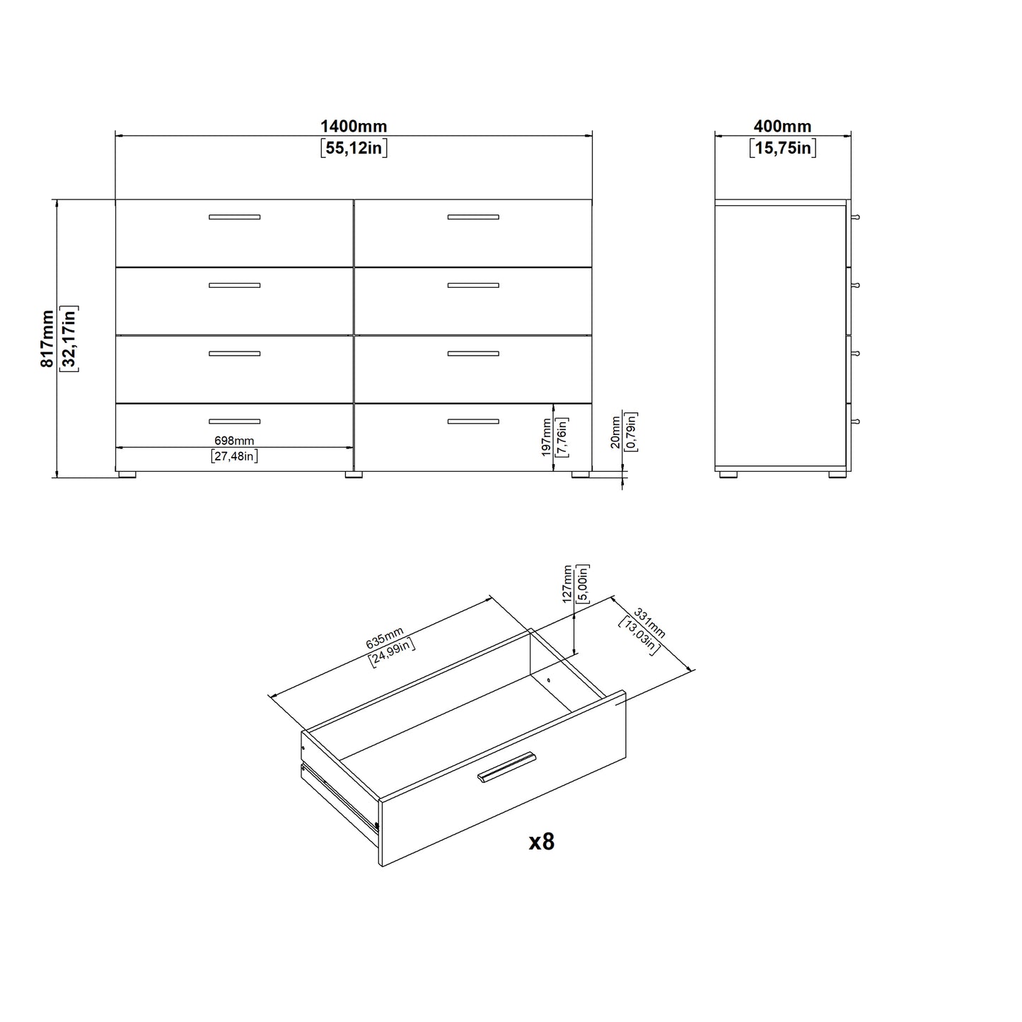 Pepe Wide Chest of 8 Drawers (4+4) in Walnut