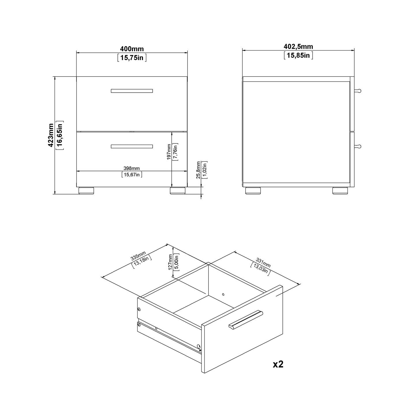 Pepe Bedside 2 Drawers in Oak structure/White High Gloss