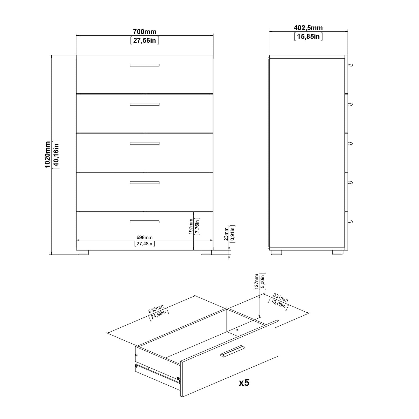 Pepe Chest of 5 Drawers in Black