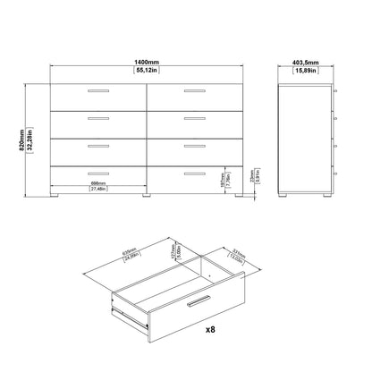 Pepe Wide Chest of 8 Drawers (4+4) in Oak structure/White High Gloss