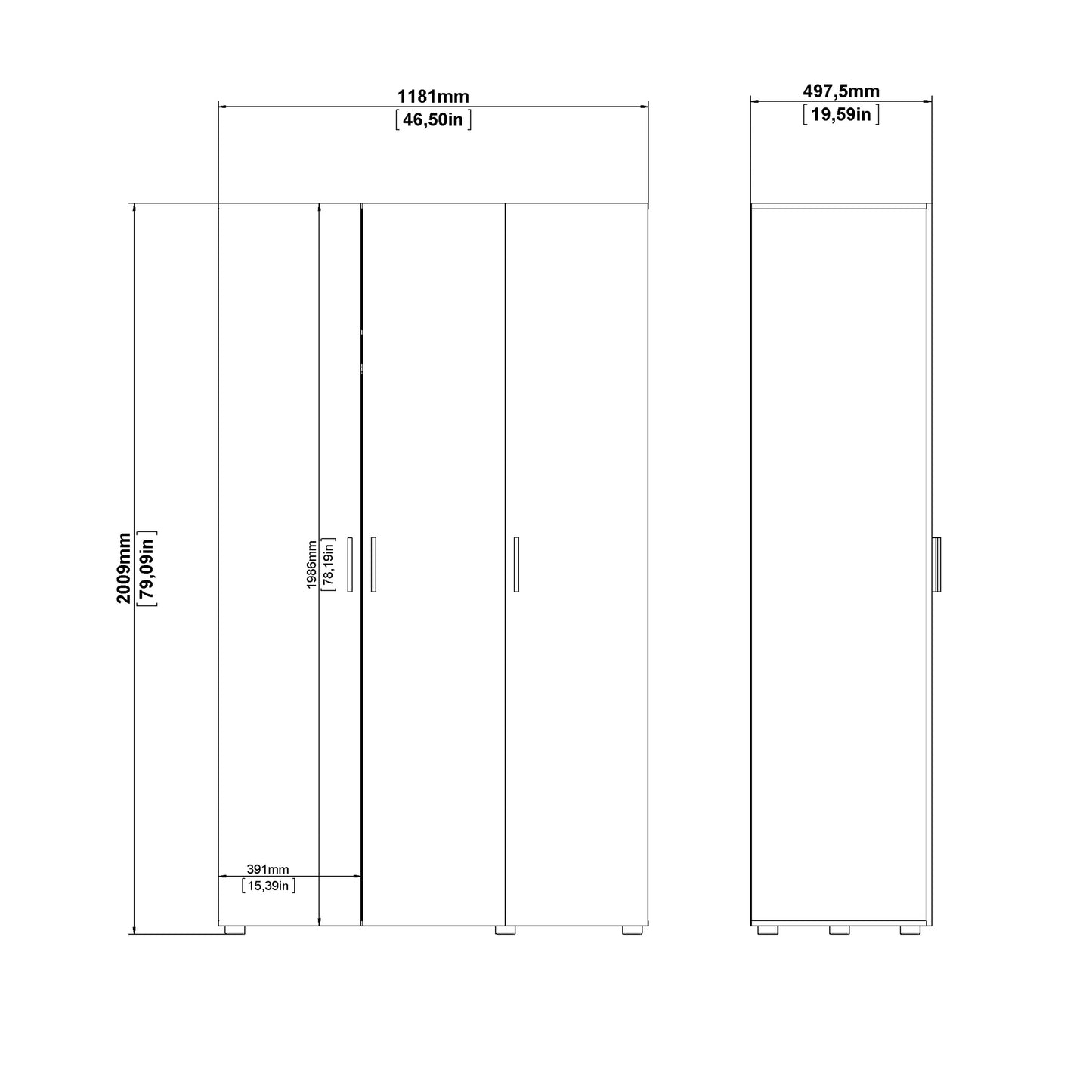 Pepe Wardrobe with 3 Doors in Oak with White High Gloss