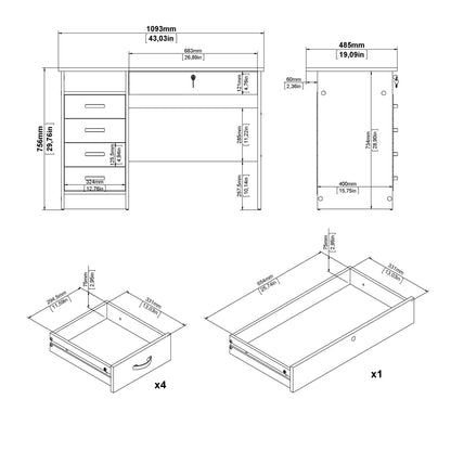 Function Plus Desk 5 Drawers in White