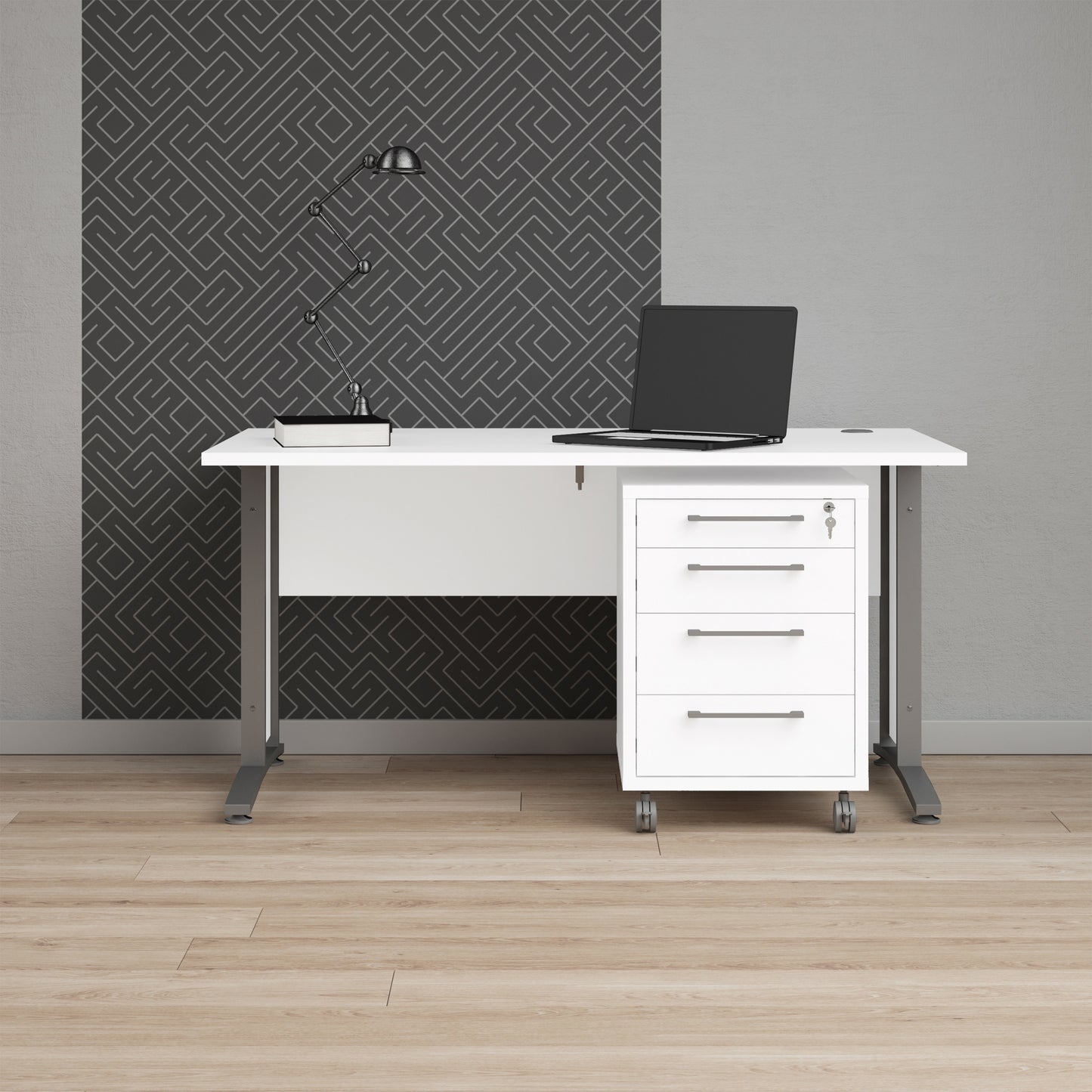 Prima Desk in White with Silver Grey Steel Legs