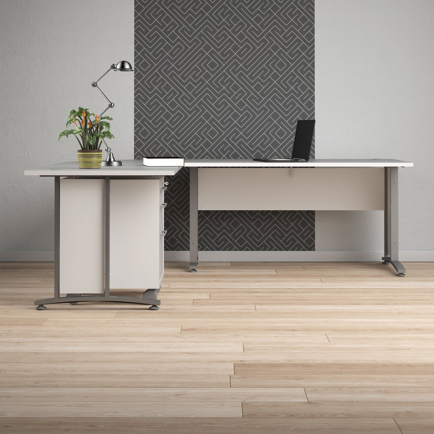 Prima Desk in White with Silver Grey Steel Legs