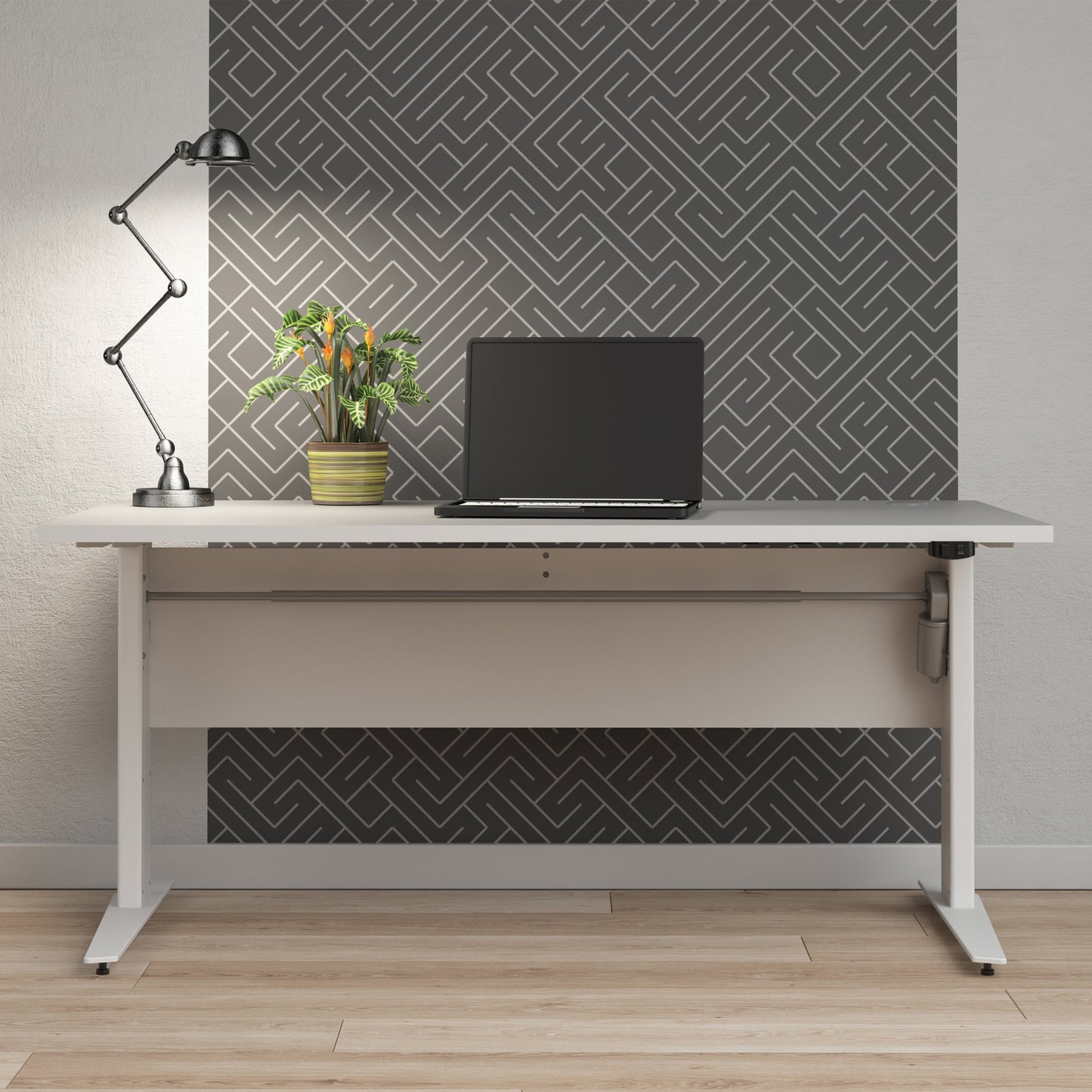 Prima Desk in White with Height Adjustable Legs with Electric Control in Silver Grey Steel