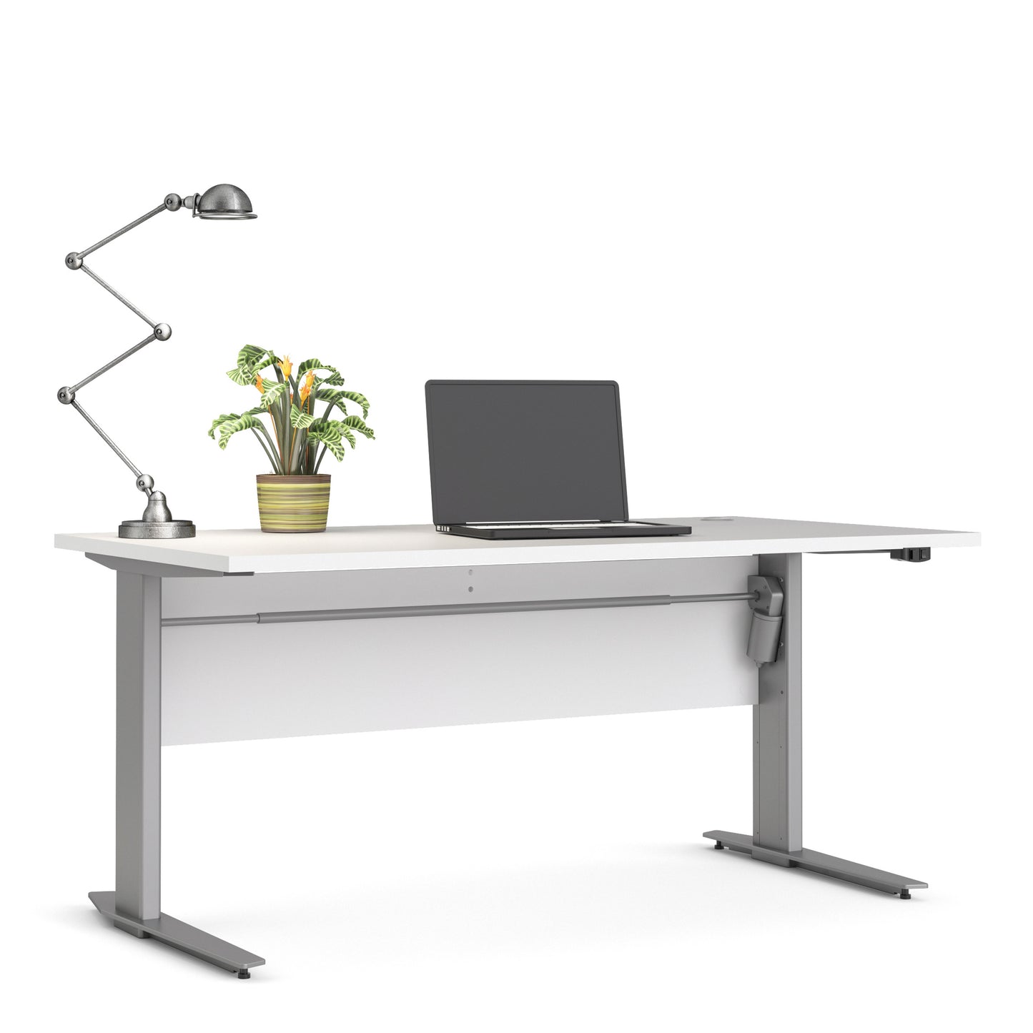 Prima Desk in White with Height Adjustable Legs with Electric Control in Silver Grey Steel