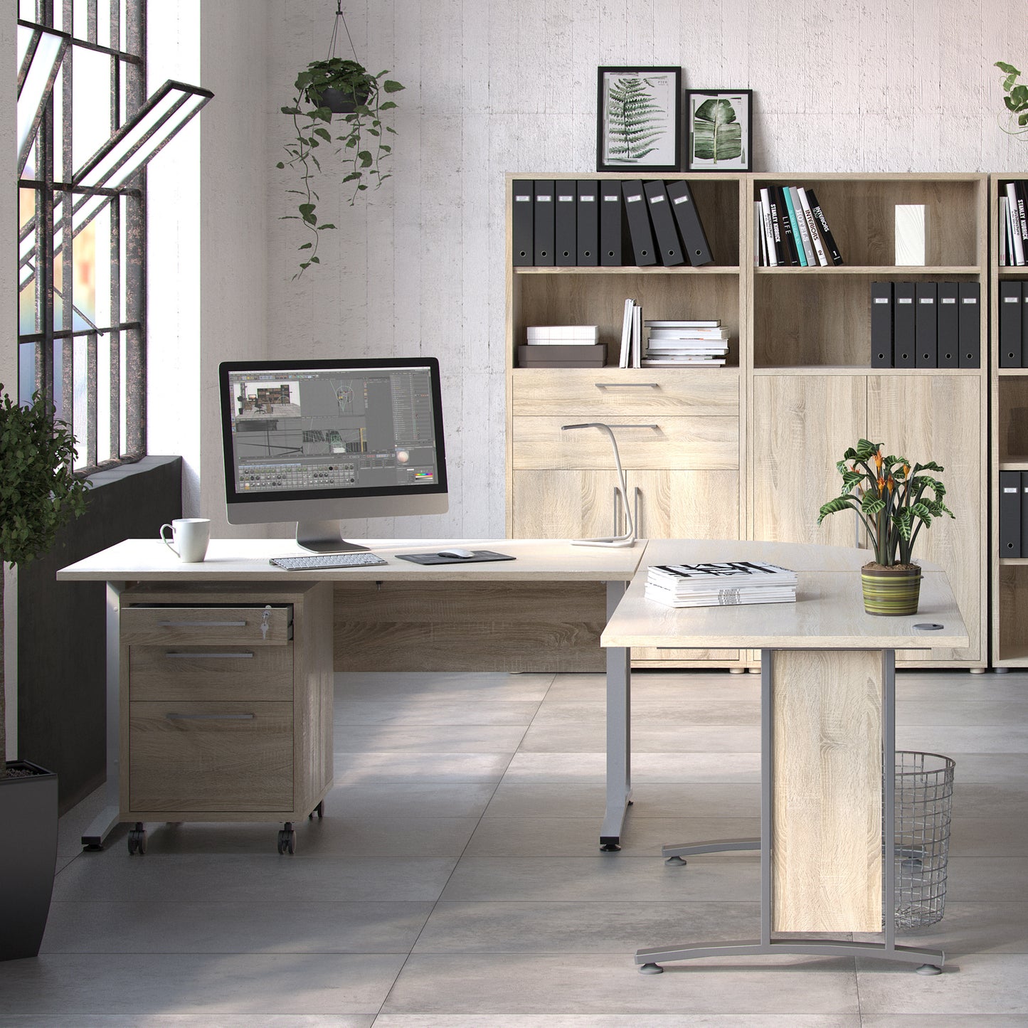 Prima Desk in Oak with Silver Grey Steel Legs