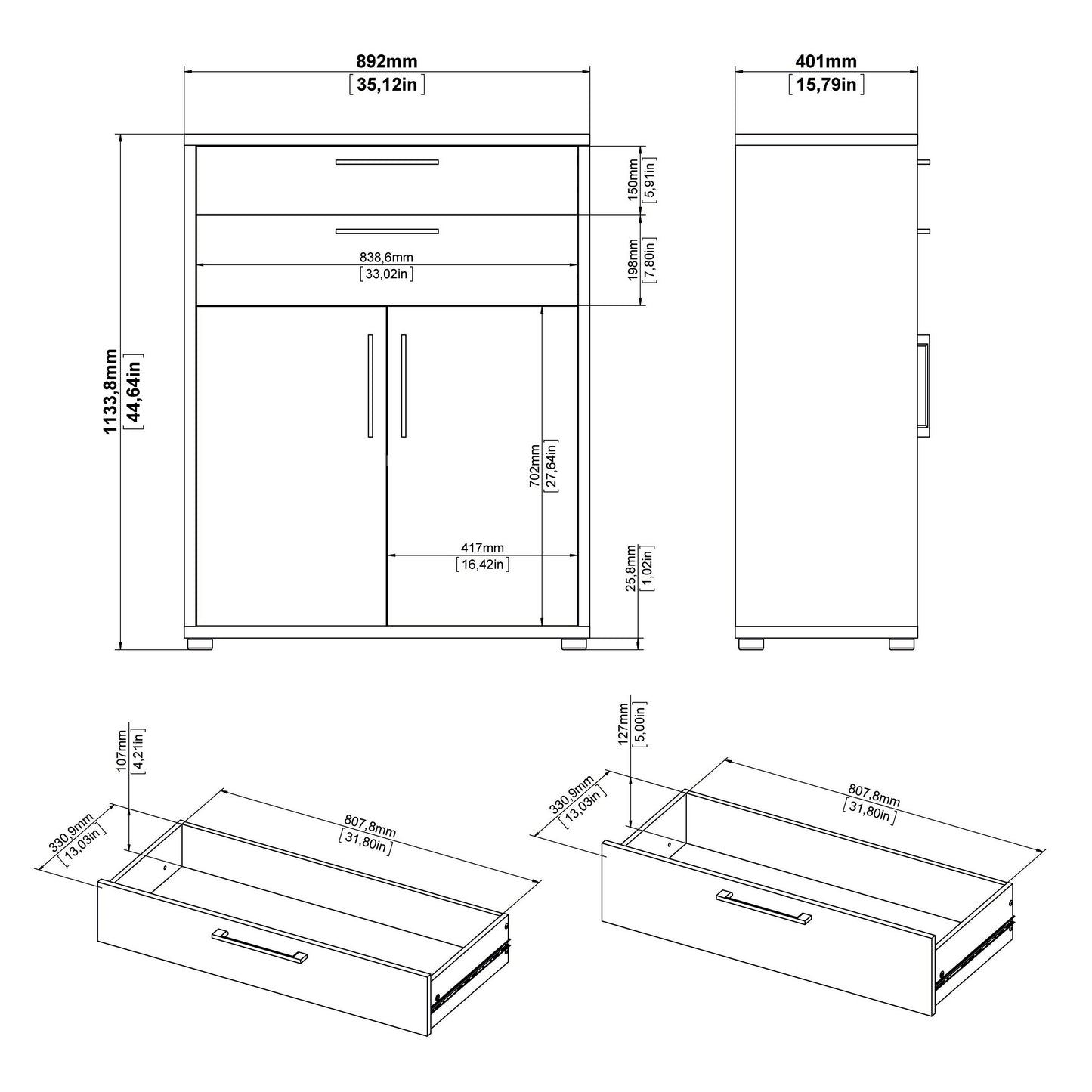 Prima Bookcase 3 Shelves with 2 Drawers 2 Doors In White
