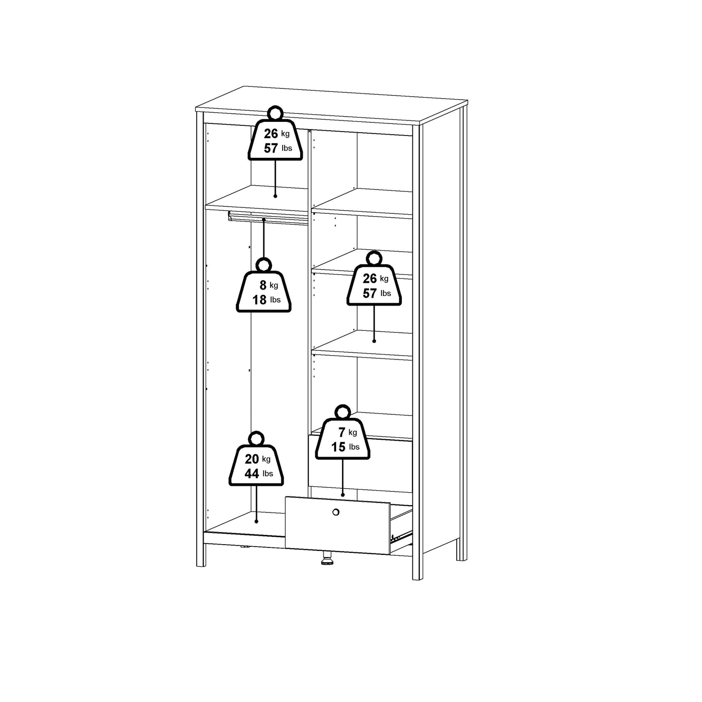 Barcelona Wardrobe with 1 Door 1 Mirror Door 2 Drawers in Matt Black