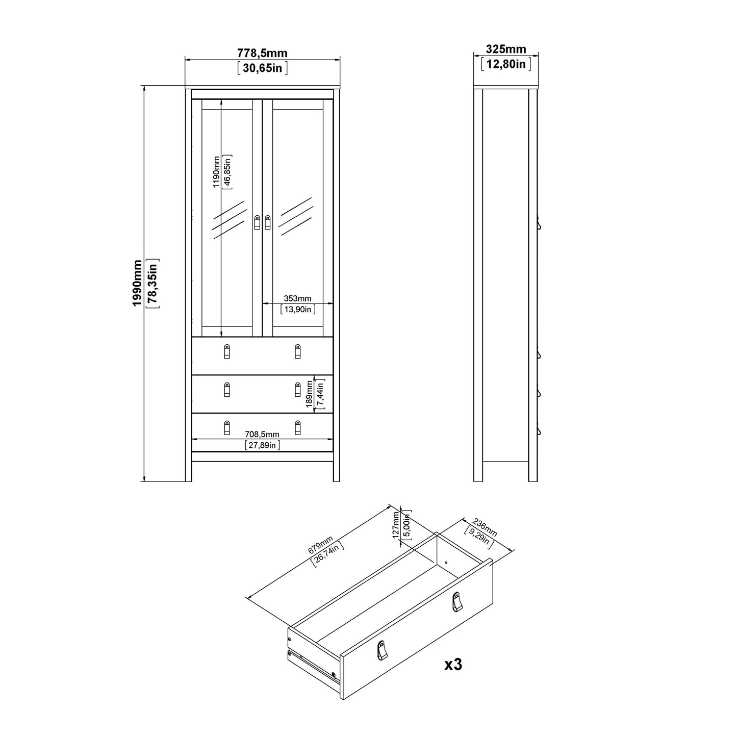 Barcelona China Cabinet 2 Doors with Glass + 3 Drawers in Jackson Hickory Oak