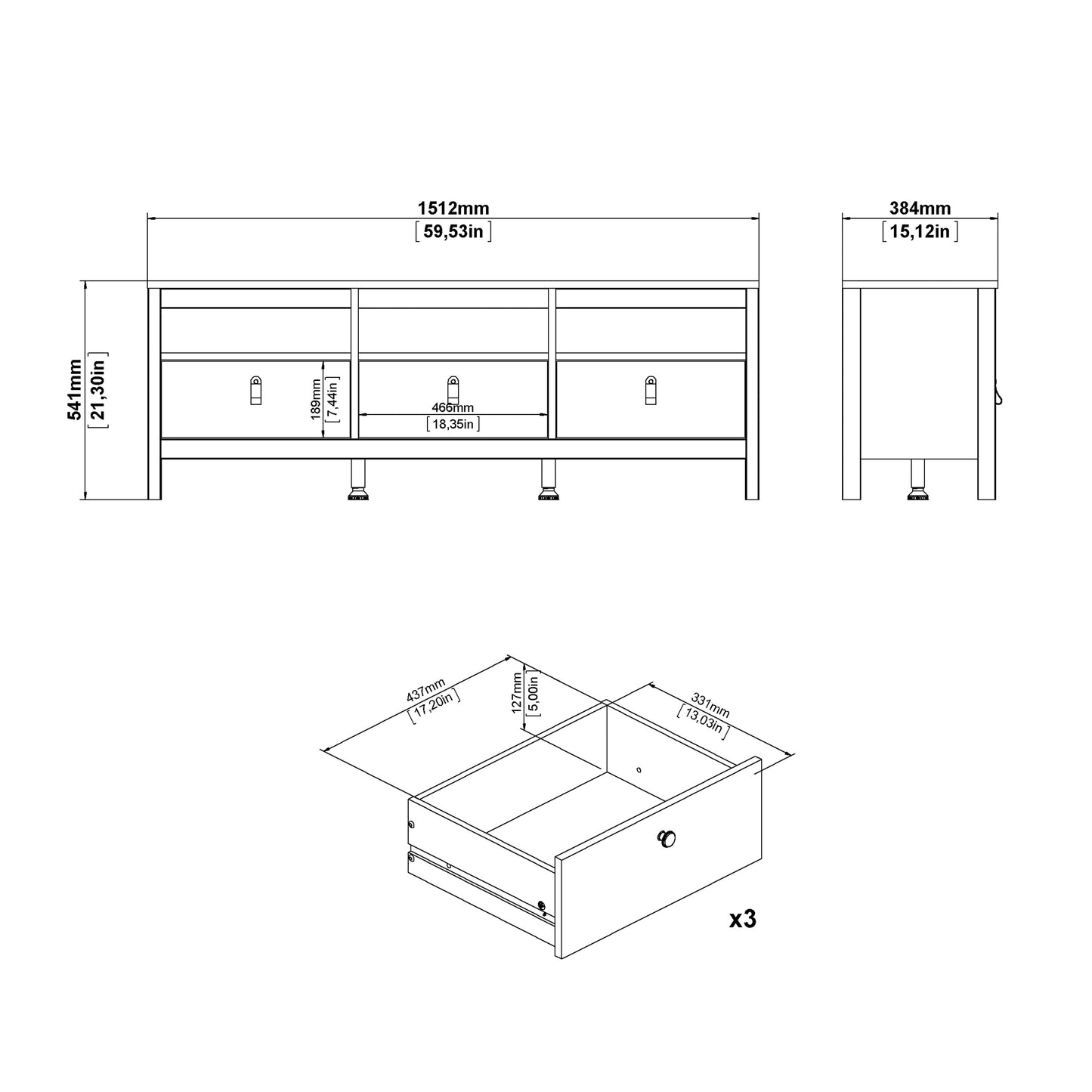 Barcelona TV Unit 3 Drawers in Jackson Hickory Oak