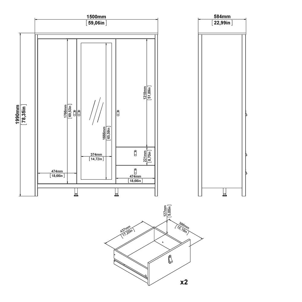 Madrid Wardrobe with 2 Doors 1 Mirror Door 2 Drawers White