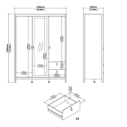Madrid Wardrobe with 2 Doors 1 Mirror Door 2 Drawers White