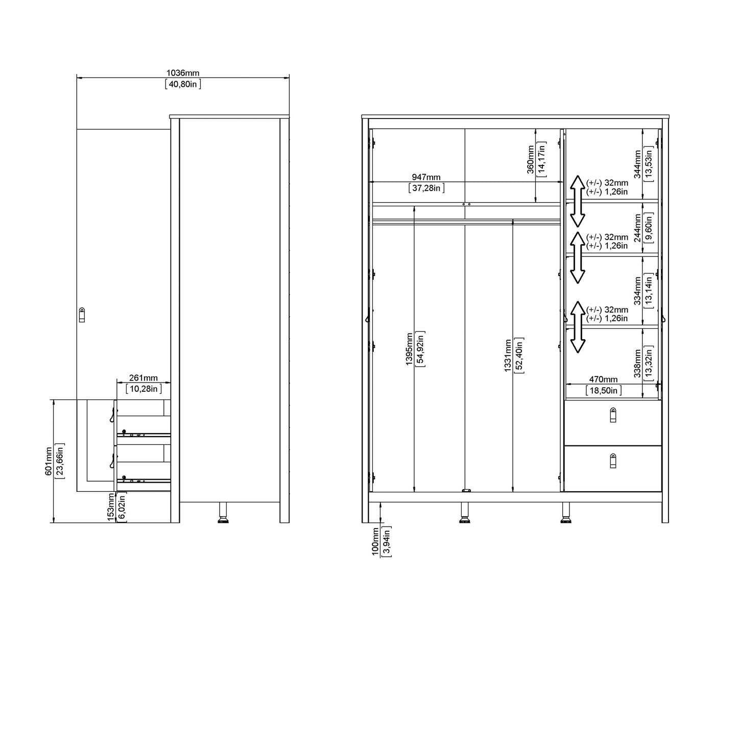 Madrid Wardrobe with 2 Doors 1 Mirror Door 2 Drawers Matt Black