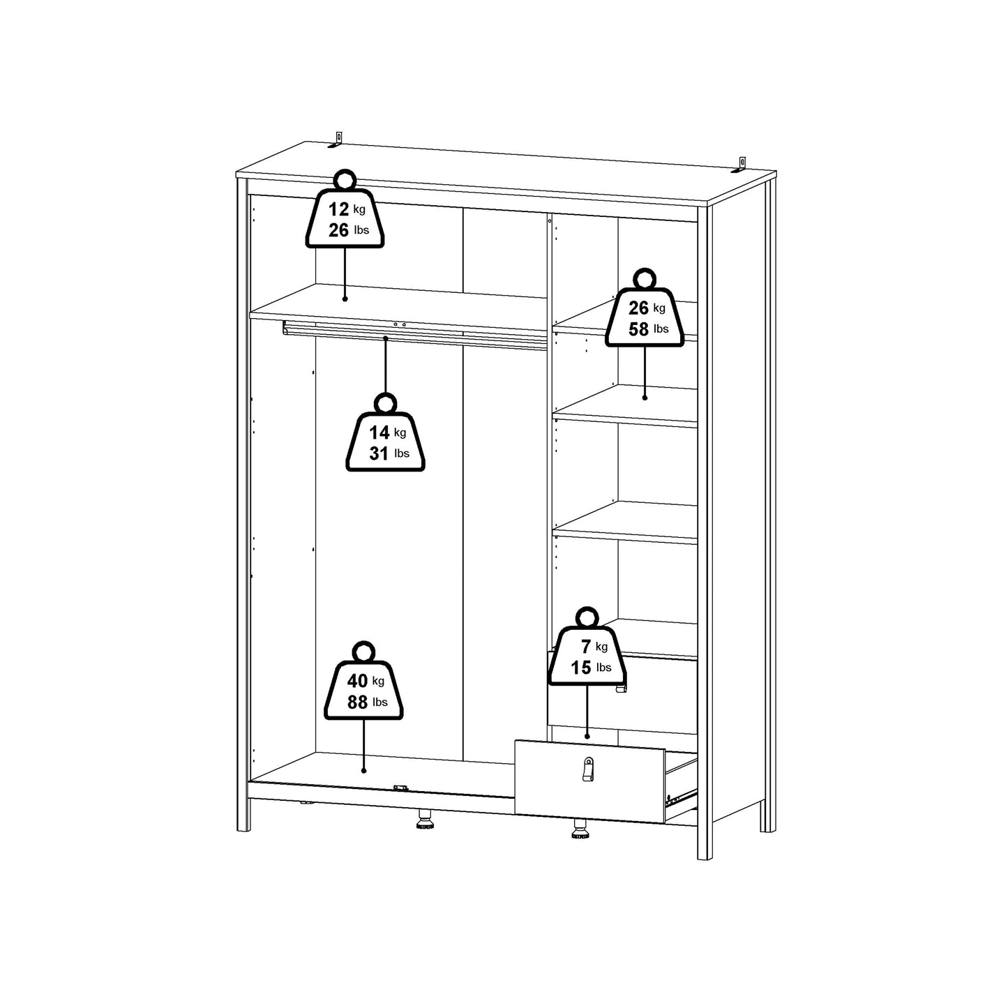 Madrid Wardrobe with 2 Doors 1 Mirror Door 2 Drawers Matt Black