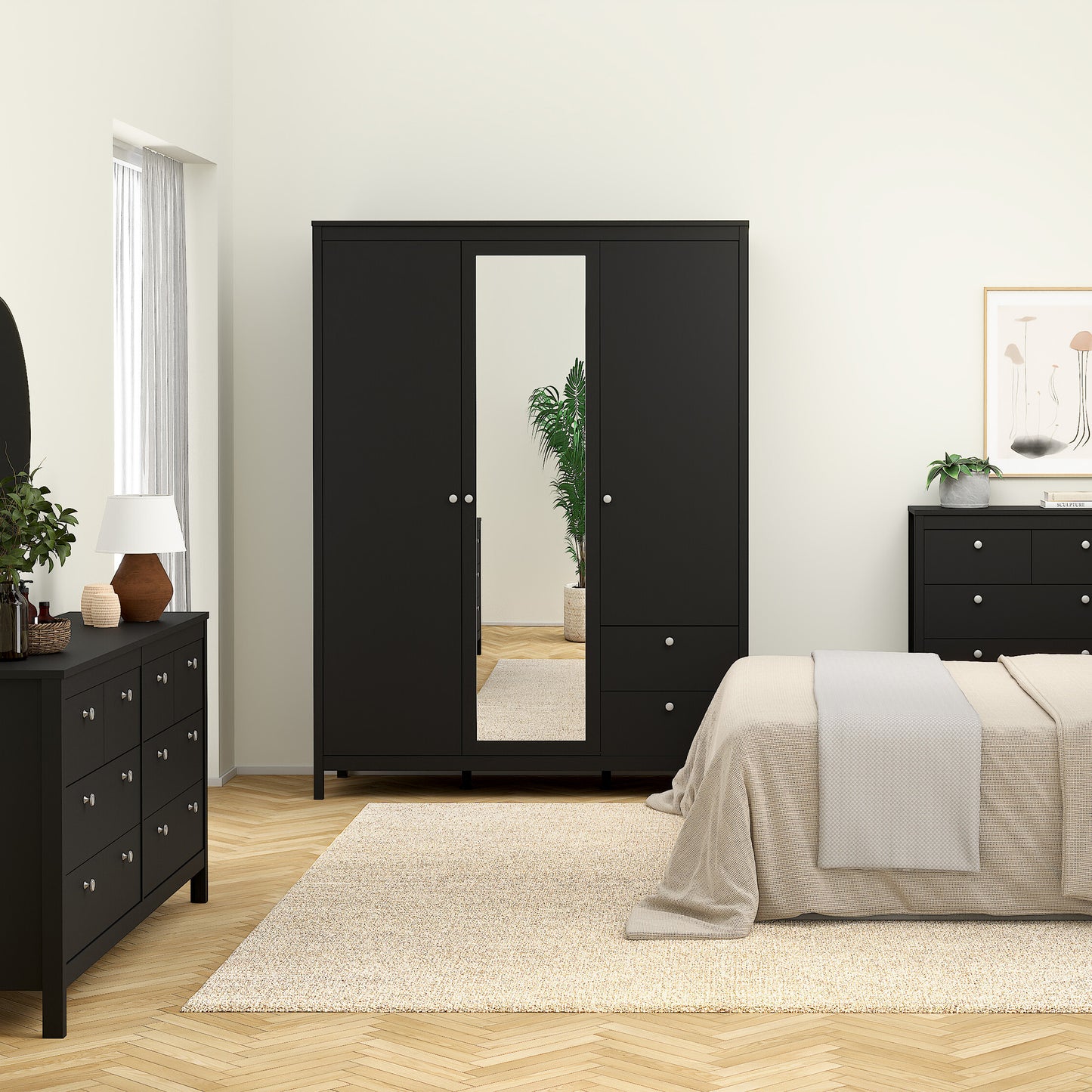 Madrid Wardrobe with 2 Doors 1 Mirror Door 2 Drawers Matt Black