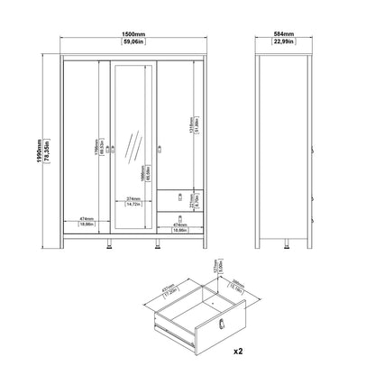 Madrid Wardrobe with 2 Doors + 1 Mirror Door + 2 Drawers in Cashmere