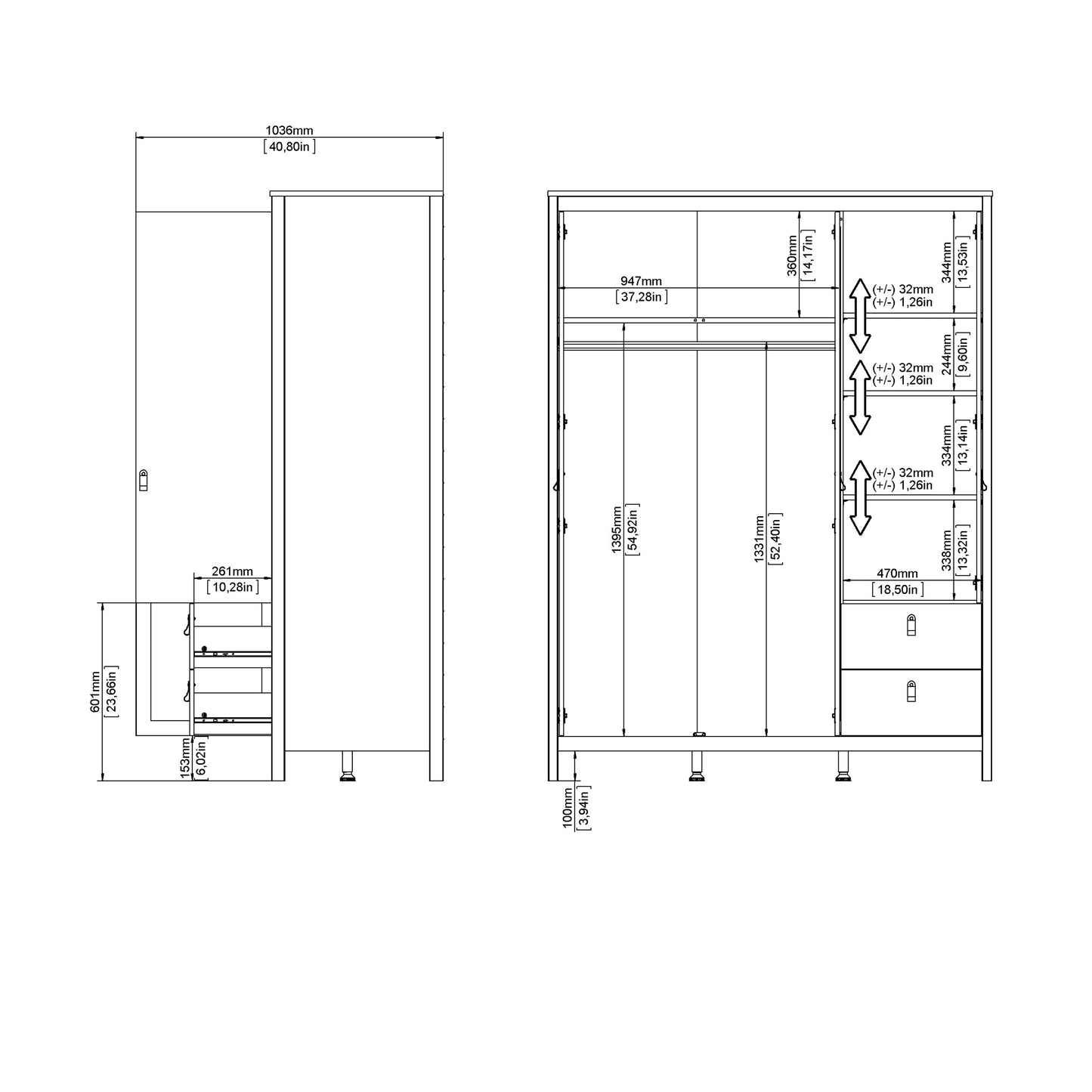 Madrid Wardrobe with 2 Doors + 1 Mirror Door + 2 Drawers in Cashmere