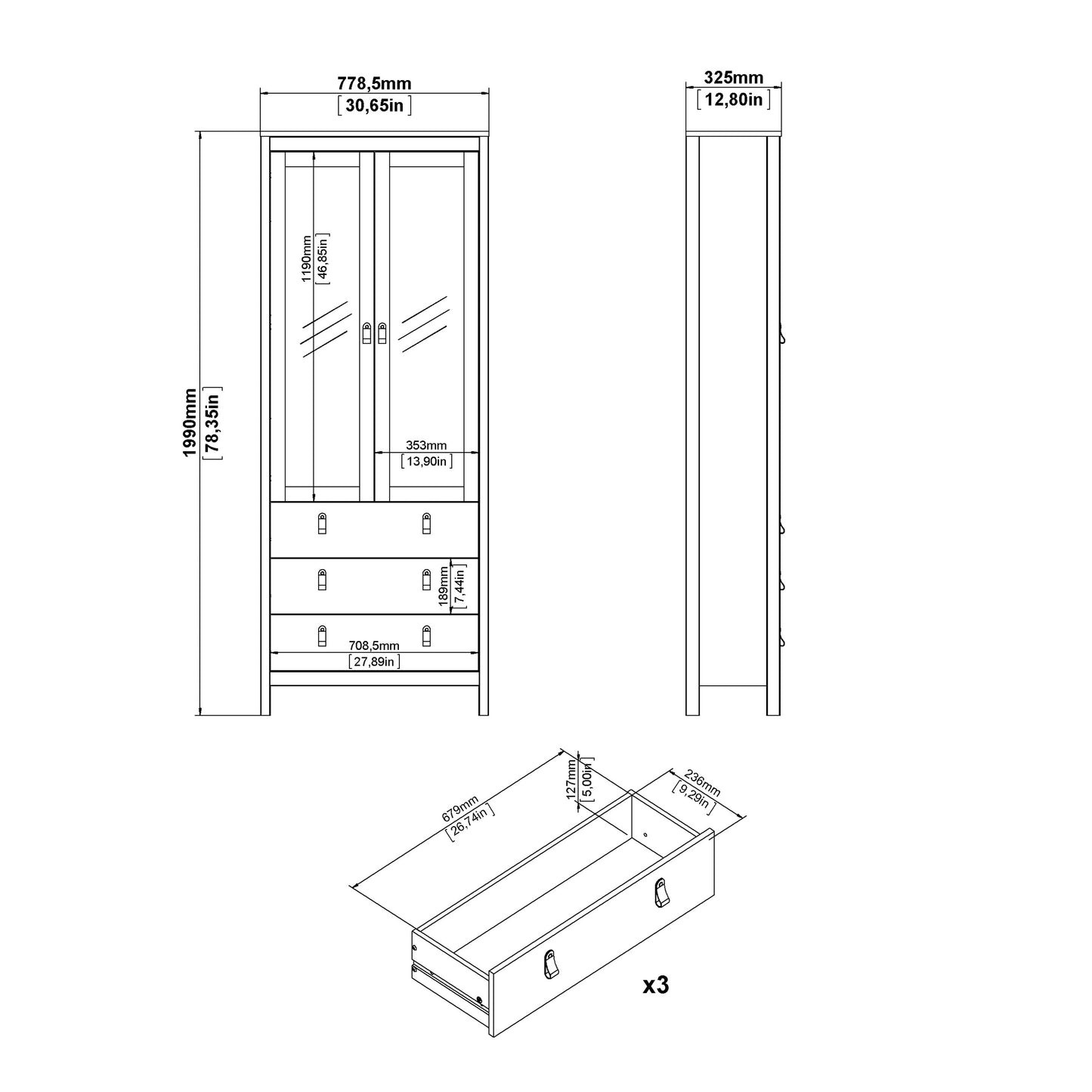 Madrid China Cabinet 2 Glass Doors with 3 Drawers in Matt Black