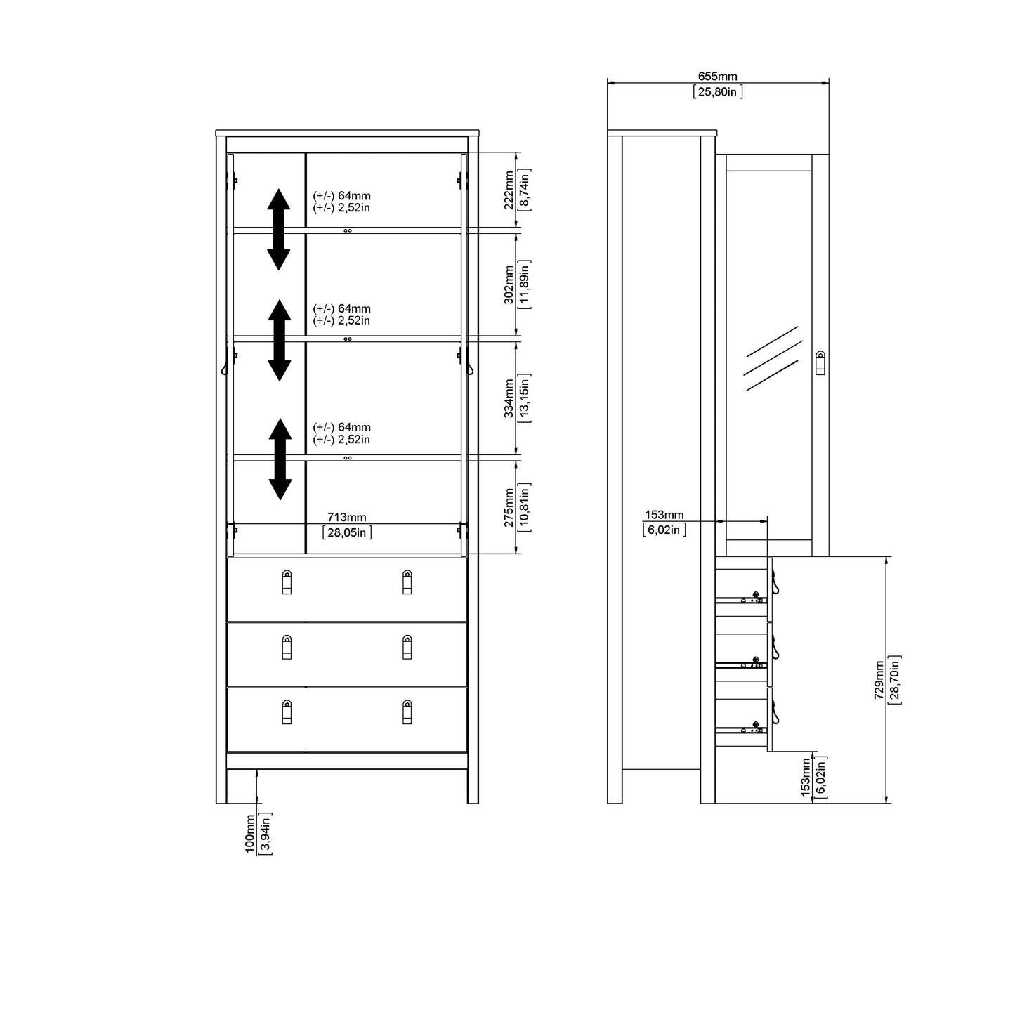 Madrid China Cabinet 2 Glass Doors with 3 Drawers in Matt Black