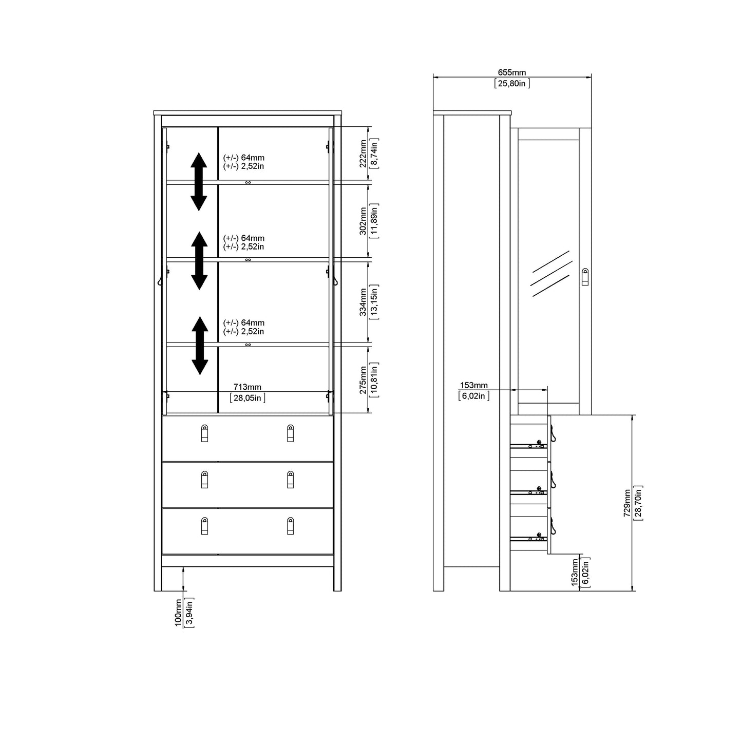 Madrid China Cabinet 2 Glass Doors with 3 Drawers in Cashmere