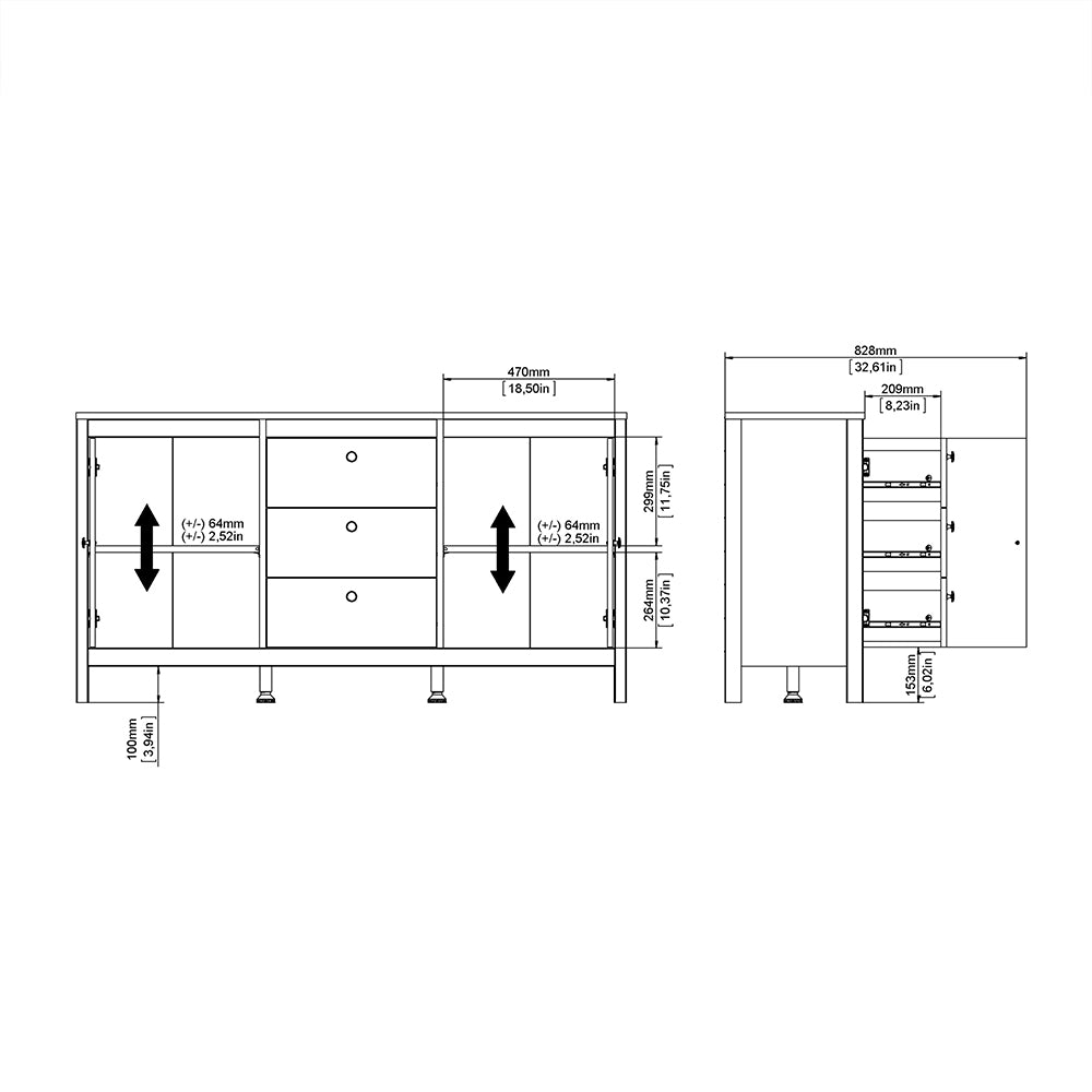Madrid Sideboard 2 Doors 3 Drawers in Matt Black