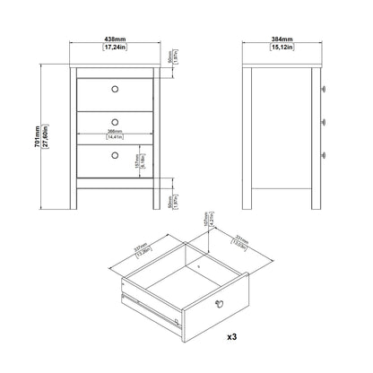 Madrid Bedside Table 3 Drawers in White