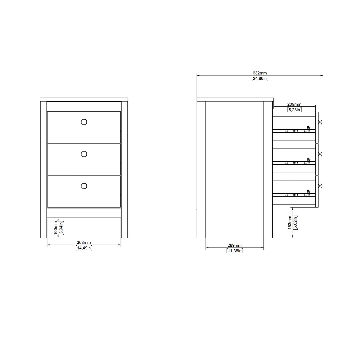 Madrid Bedside Table 3 Drawers in Matt Black