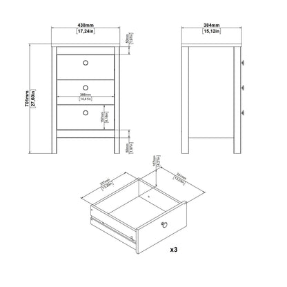 Madrid Bedside Table 3 Drawers in Cashmere