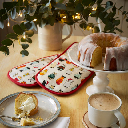 Christmas Cats in Waiting Double Oven Glove in Red/Cream