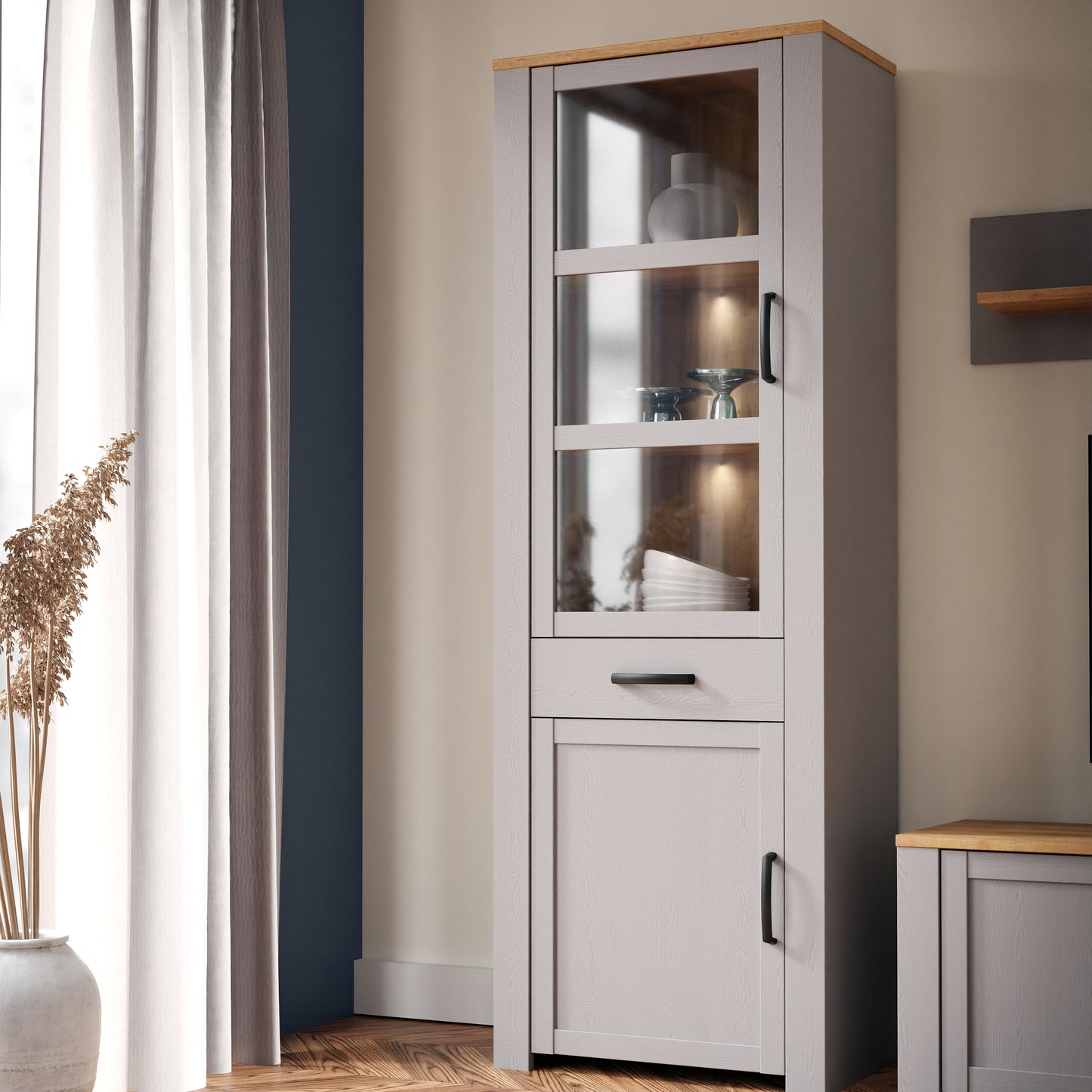 Bohol Narrow Display Cabinet inc. 2x LED Lights in Riviera Oak/Grey Oak