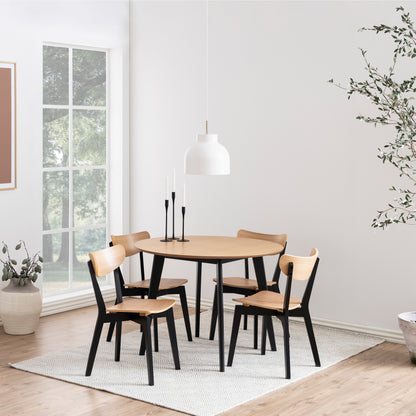Roxby Round Dining Table in Oak & Black Set 4 Black and Oak Chairs