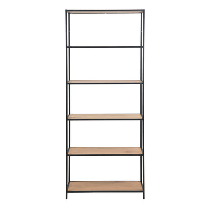 Seaford Tall Black Metal Bookcase with 5 Shelves in Oak
