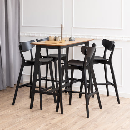 Roxby Bar Table in Black & Oak Set 4 Black Bar Stools